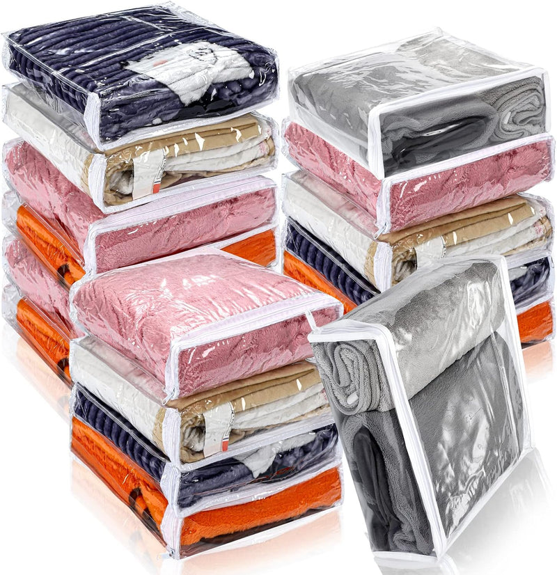 Kingdder 16 Pcs Clear Vinyl Zippered Sweater Storage Bags with Zipper 10 x 10 x 2.5 Inch Plastic Sheet Organizer and Storage for Clothing Blankets Sheet Linen Bed Pillow Cube Organizer