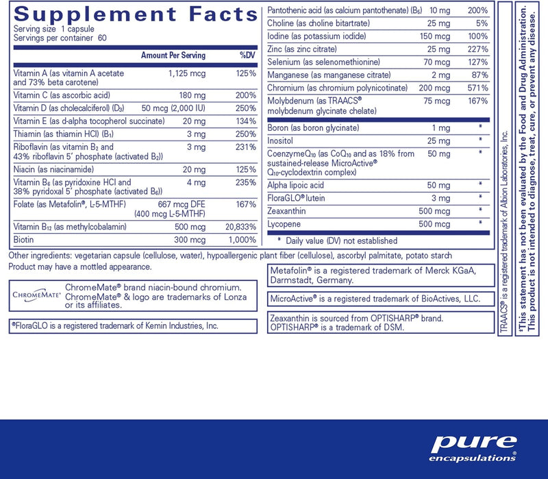 Pure Encapsulations O.N.E. Multivitamin - Once Daily Multivitamin with Antioxidant Complex Metafolin, CoQ10, and Lutein to Support Vision, Cognitive Function, and Cellular Health* - 60 Capsules