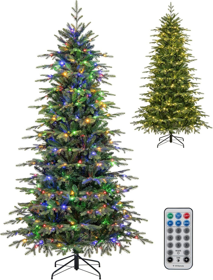 Goplus 7.5 FT Pre-Lit Artificial Christmas Tree, Snow Flocked Hinged Xmas Tree with 470 Warm-White LED Lights, 1135 Tips, 81 Pine Cones, Lighted Xmas Tree for Office Home Decoration