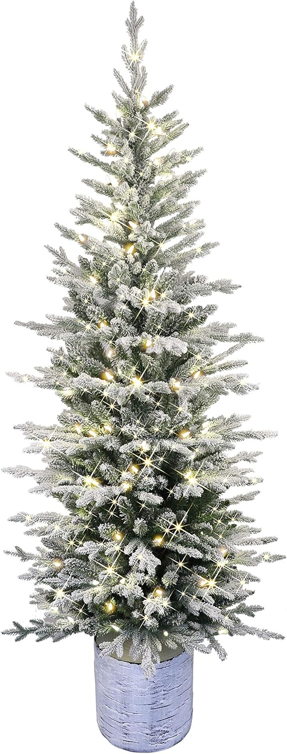Puleo International 4.5 Foot Pre-Lit Potted Flocked Arctic Fir Artificial Christmas Tree with 70 UL-Listed Clear Lights