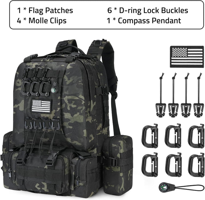 60L Tactical Backpack for Men, Large Military Backpack Army Assault Pack with D-Ring Molle Clips Compass Accessories, Bug Out Bag for Hiking Camping Hunting Detachable Rucksack, Black Camo