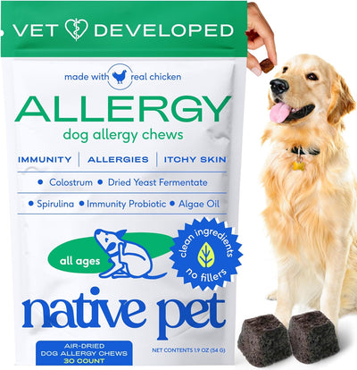 Native Pet Dog Allergy Chews - Dog Allergy Relief with Probiotics and Colostrum for Itchy Skin Relief to Support Seasonal Allergy and Healthy Immune System - All Natural Anti-Histamine - 30 Chews