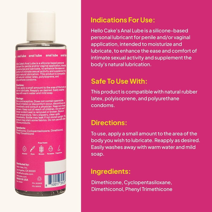 Hello Cake Anal Lube - Silicone-Based Personal Lubricant - Silky Smooth, Ultra Slippery, Long-Lasting, Non-Sticky, Comfort Glide for Men, Women, and Couples, 8 fl oz