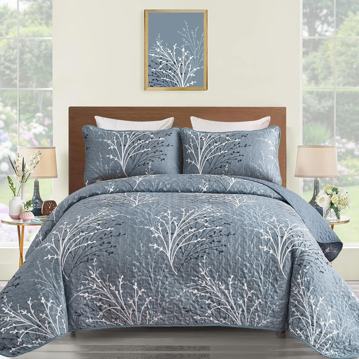 DJY Sage Green Quilt Set Full Size, Branch Botanical Pattern Bedspread Coverlet Set, 3 Piece Microfiber Green Floral Quilt Bedding Set Lightweight Summer Bedspread for All Season, 80''x90''