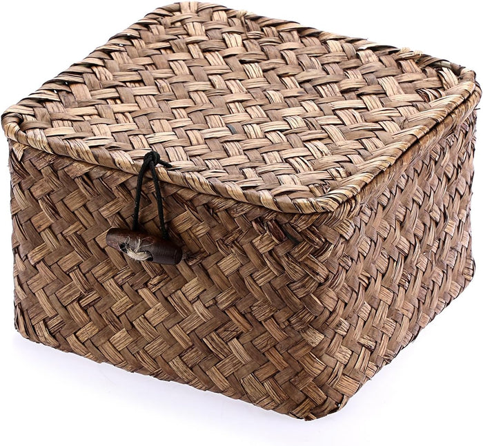 Hipiwe Handwoven Seagrass Basket Bin Square Household Storage Container with Lid Wicker Shelf Basket Bin for Bookshelf Living Room Bath Room, Large Caramel