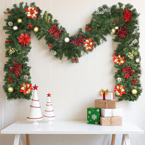 9FT Christmas Garland Decorations, Pre-Lit Christmas Garland with 60 LED Lights, Garlands for Mantle with Pine Cones, Flower, Berries, Bows, Ball, Leaves, Indoor & Outdoor Christmas Decor