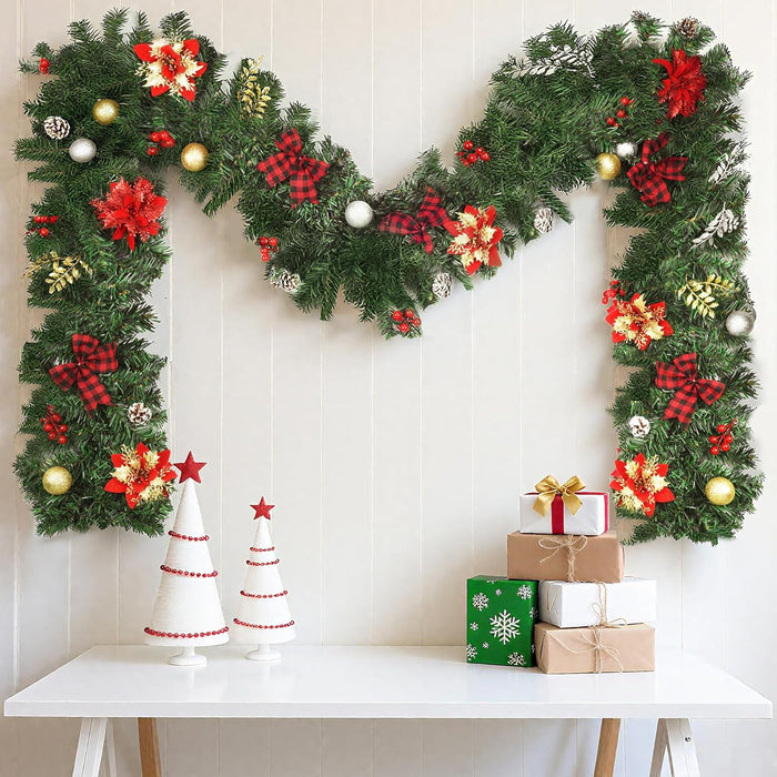 9FT Christmas Garland Decorations, Pre-Lit Christmas Garland with 60 LED Lights, Garlands for Mantle with Pine Cones, Flower, Berries, Bows, Ball, Leaves, Indoor & Outdoor Christmas Decor