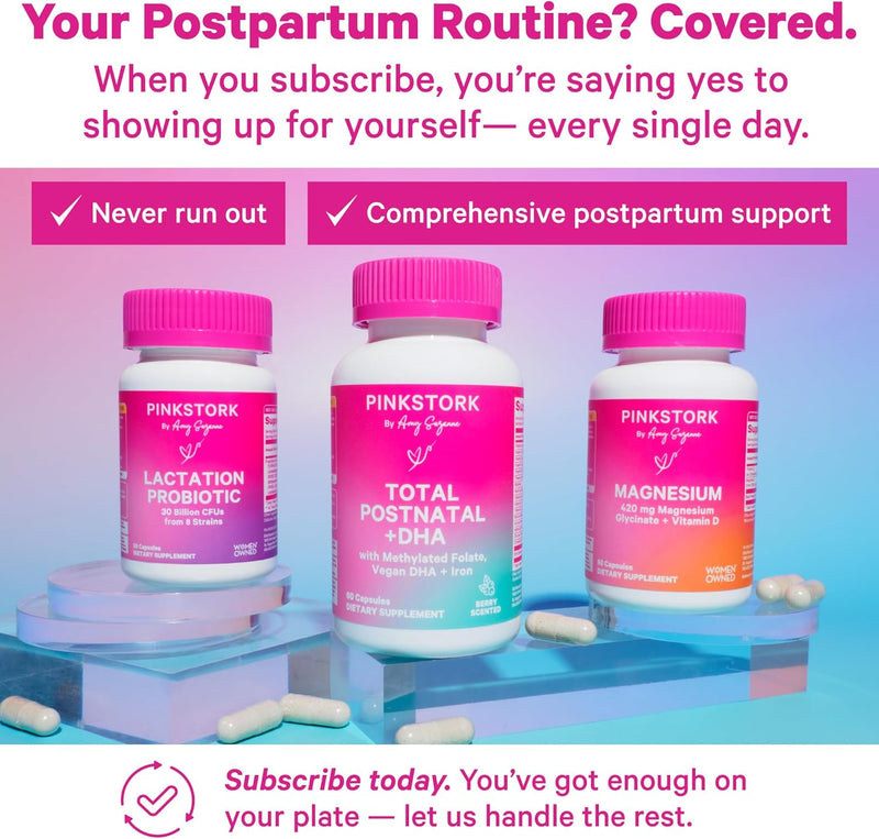 Pink Stork Total Postnatal Vitamins for Women – Berry Flavored Postpartum Multivitamin with Vegan DHA, Iron, Folate, B12 & Nutrients – Breastfeeding Support & Daily Wellness – 1 Month Supply