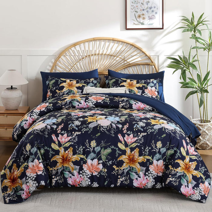 Drucon Comforter Set King Size, 7 Pieces Sage Green Floral Comforter Sets, Reversible Botanical Bed in a Bag Soft Lightweight Microfiber Bedding Sets for All Seasons (90"x104")
