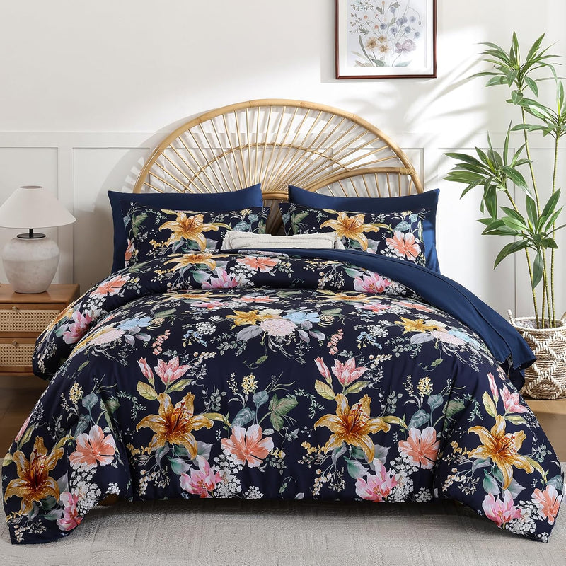 Drucon Comforter Set King Size, 7 Pieces Sage Green Floral Comforter Sets, Reversible Botanical Bed in a Bag Soft Lightweight Microfiber Bedding Sets for All Seasons (90"x104")