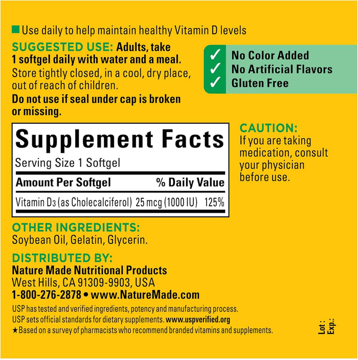Nature Made Vitamin D3 1000 IU (25 mcg), Vitamin D Supplement for Bone, Teeth, Muscle and Immune Health Support, 300 Softgels, 300 Day Supply