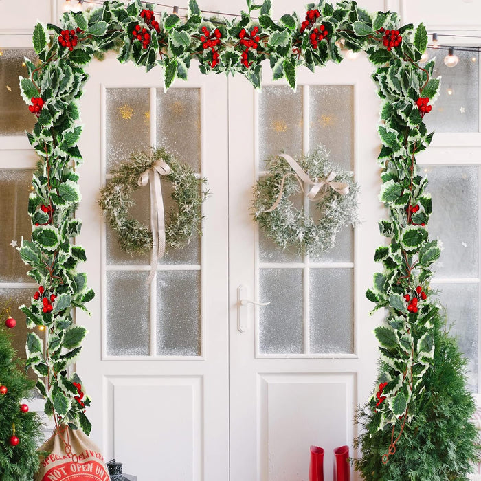 9 Pcs Holly Garland with Berries Set Includes 5.7 ft Christmas Red Berry Garland Decoration with Hooks Green Leaves Winter Outdoor Vines for Stairs Mantel Table Fireplace Home Decor