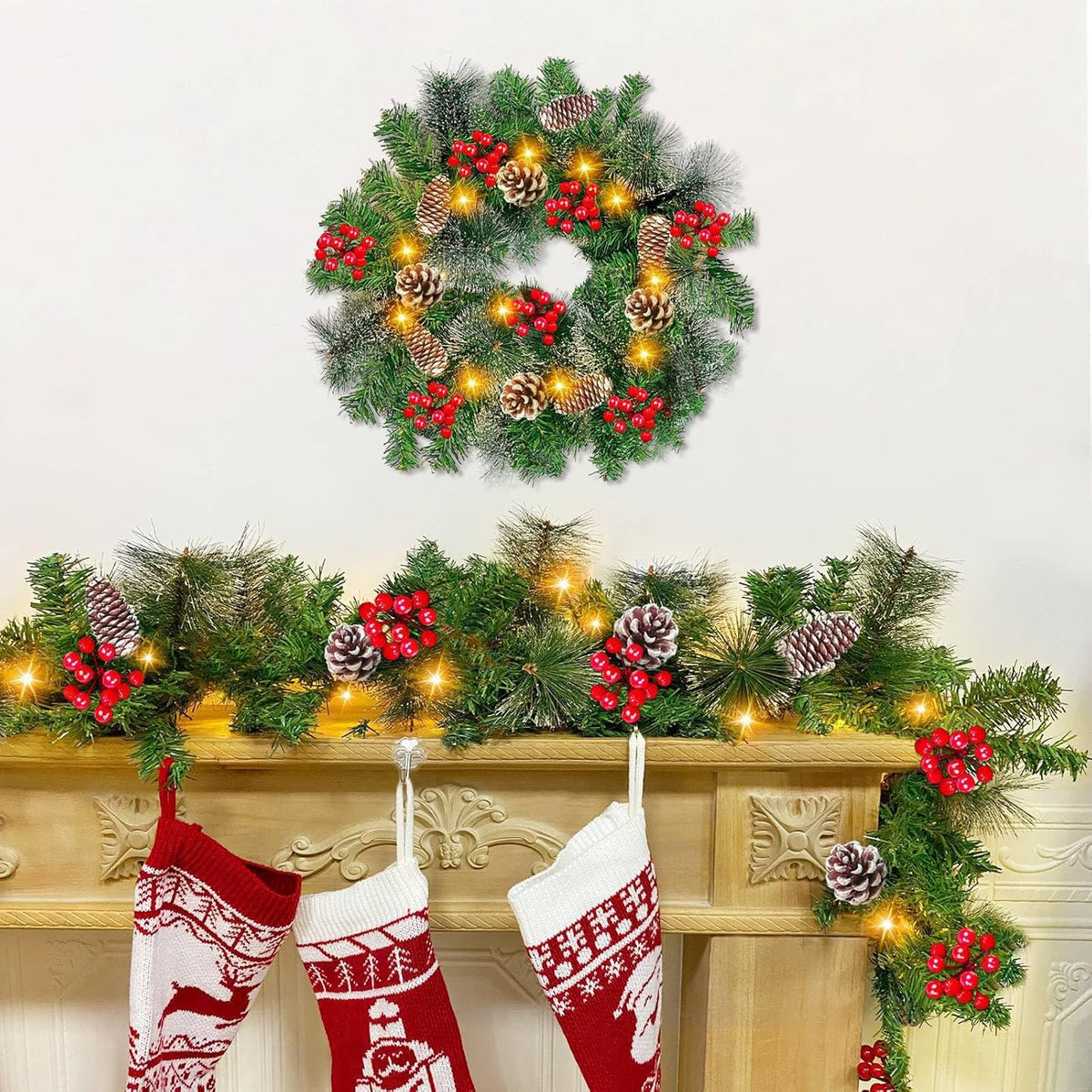 6 Ft by 10 Inch Pre-lit Artificial Christmas Garland with 30 Warm Lights Timer Battery Operated 150 Snowy Bristle Pine Branches 56 Red Berries 8 Pinecones Xmas Decor for Home Indoor Mantle Fireplace