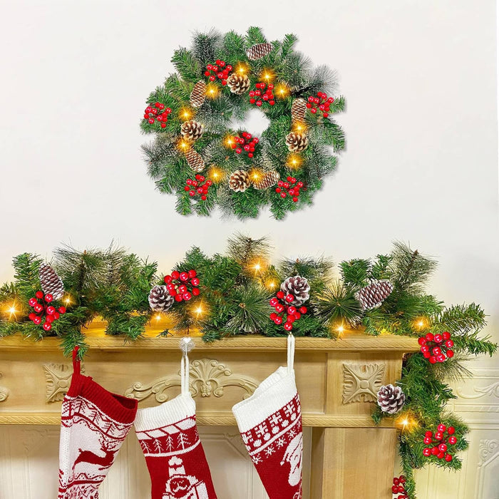 6 Ft by 10 Inch Pre-lit Artificial Christmas Garland with 30 Warm Lights Timer Battery Operated 150 Snowy Bristle Pine Branches 56 Red Berries 8 Pinecones Xmas Decor for Home Indoor Mantle Fireplace