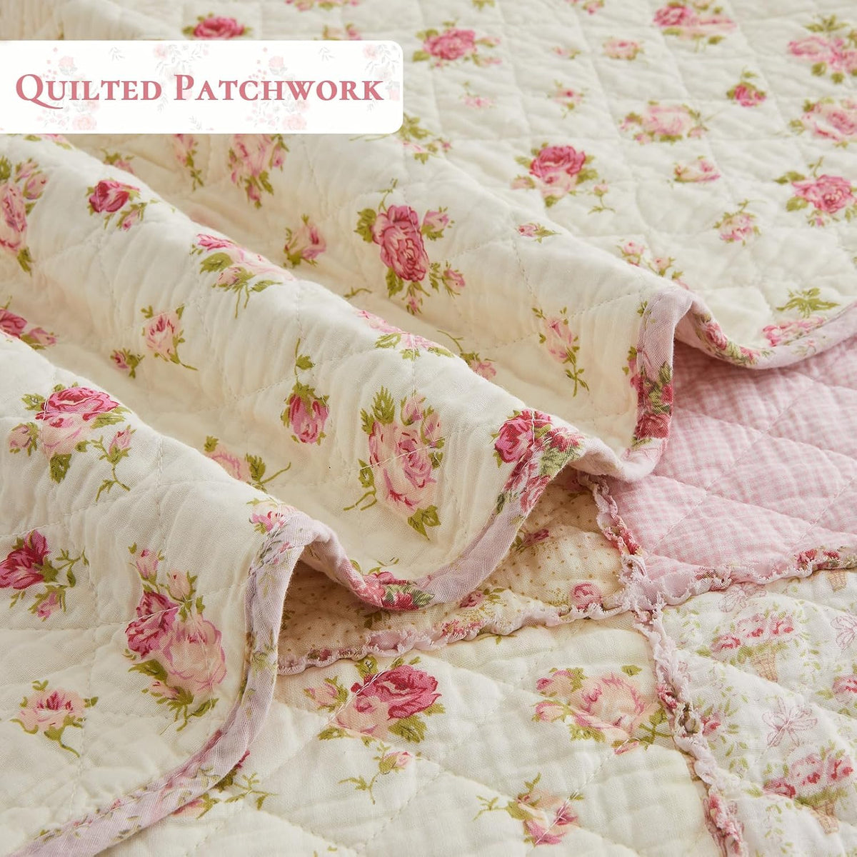 Cozyholy Queen Size Quilt Set 3-Piece, 100% Cotton Patchwork Quilt, Pink Floral Reversible Shabby Chic Bedding Bedspread for All Season, Soft Quilted Blanket with 2 Pillow Shams Machine Washable