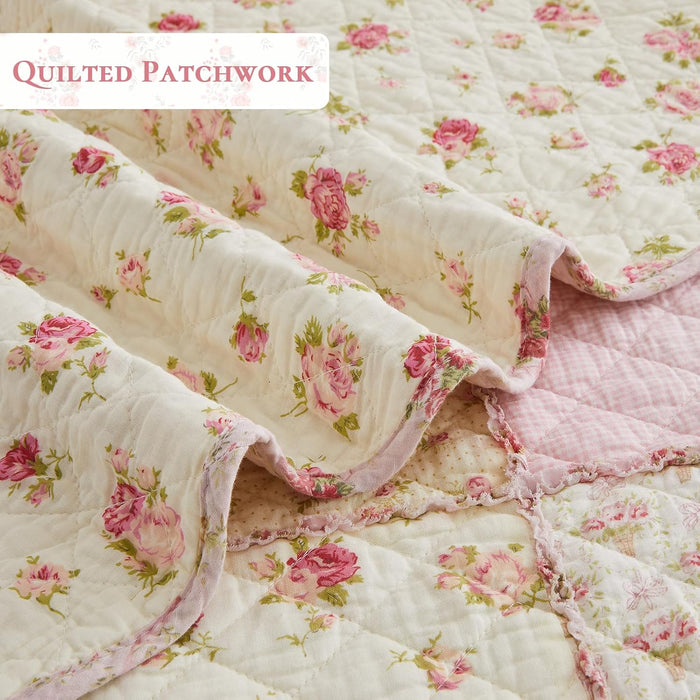 Cozyholy Queen Size Quilt Set 3-Piece, 100% Cotton Patchwork Quilt, Pink Floral Reversible Shabby Chic Bedding Bedspread for All Season, Soft Quilted Blanket with 2 Pillow Shams Machine Washable