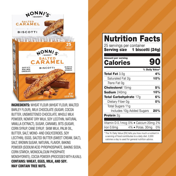 Nonni's Salted Caramel Milk Chocolate Biscotti Cookies — Individually Wrapped Italian Coffee Snack, Crunchy Twice-Baked, 90 Cal Each, 21 oz Carton