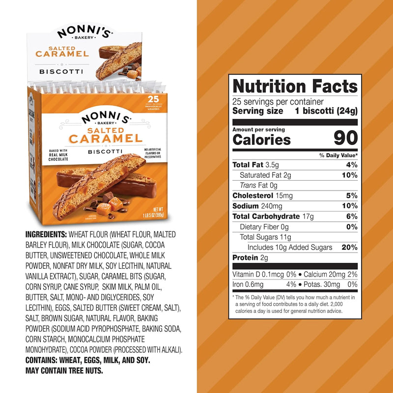 Nonni's Salted Caramel Milk Chocolate Biscotti Cookies — Individually Wrapped Italian Coffee Snack, Crunchy Twice-Baked, 90 Cal Each, 21 oz Carton