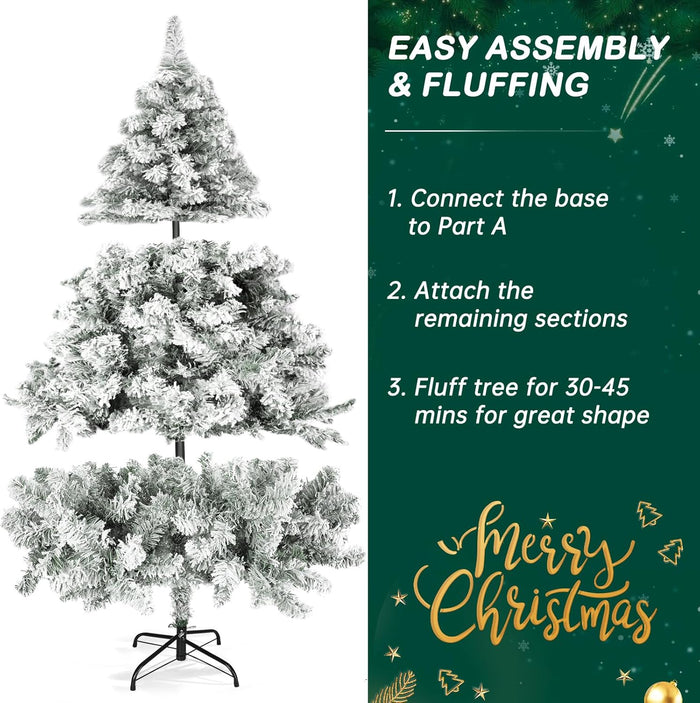 6 FT Snow Flocked Artificial Christmas Tree, Full Xmas Tree with 1000 Automatically Expanding Branch Tips, Foldable Metal Stand and Hinged Branches, Holiday Decoration for Home, Party, White