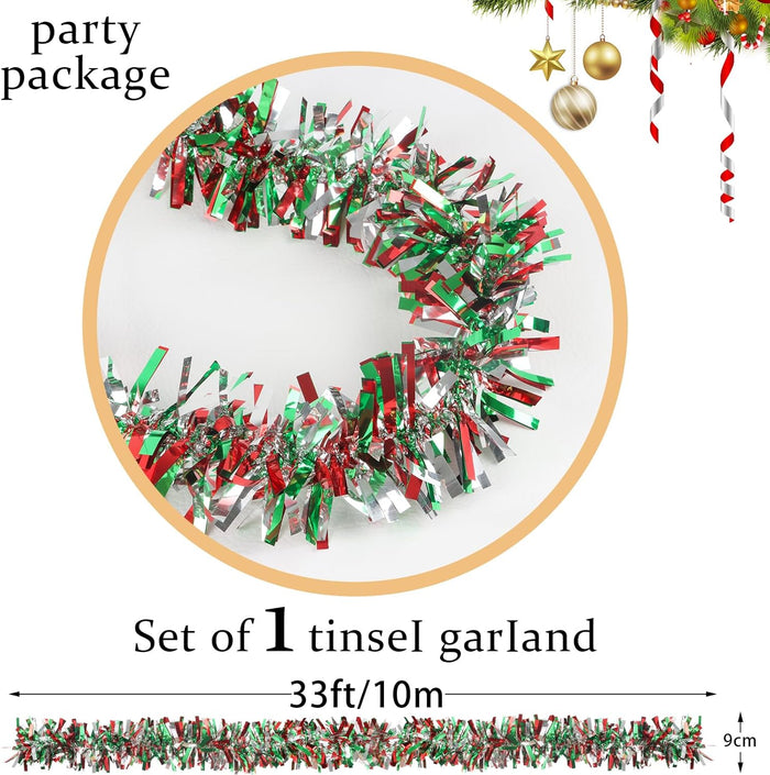CCINEE 32.8 Feet Christmas Tinsel Garland,Metallic Tinsel Twist Garland Shiny Hanging Decoration for Party Supplies Xmas Tree Home Stairs Indoor Outdoor Decor(Red Green Sliver)