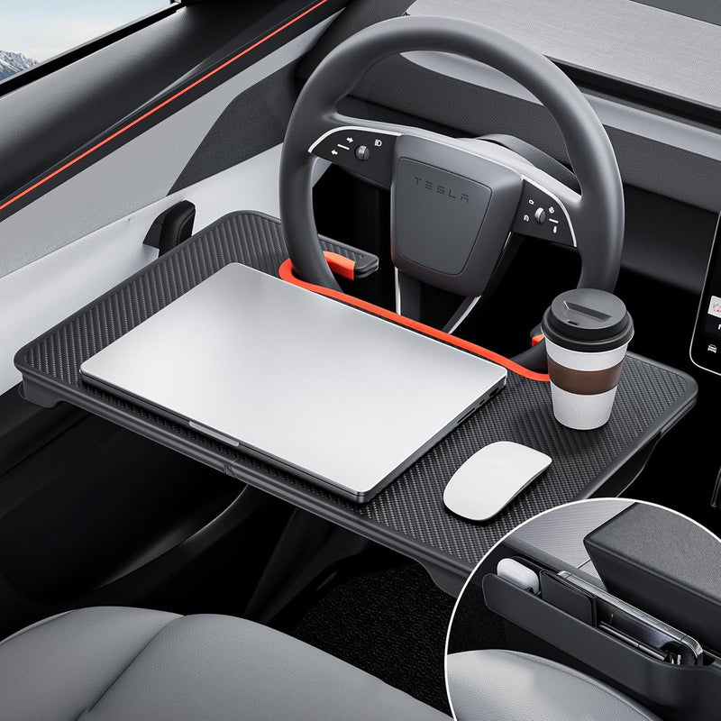 YONZEE 2-in-1 Car Steering Wheel Desk Tray & Car Seat Gap Filler Organizer – Foldable Carbon Fiber Look Table for Laptop, Eating Food, Writing – for Standard Round Steering Wheels