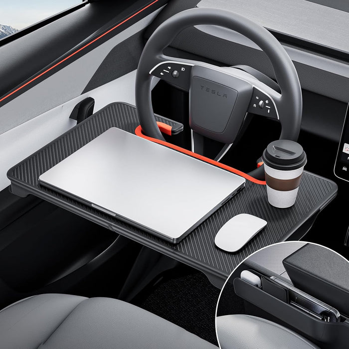 YONZEE 2-in-1 Car Steering Wheel Desk Tray & Car Seat Gap Filler Organizer – Foldable Carbon Fiber Look Table for Laptop, Eating Food, Writing – for Standard Round Steering Wheels