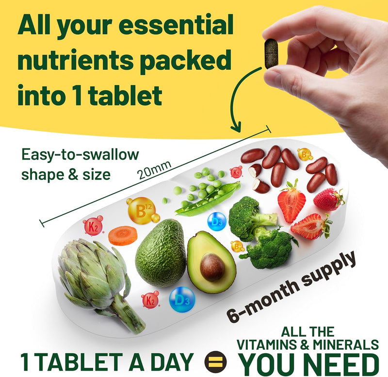 Vegan Vitality Multivitamins & Minerals for Women and Men with High Strength Vitamin B12, D3 & K2. 180 Vegan Multivitamin Tablets - 6 Months Supply. Vitamins for Vegans & Vegetarians