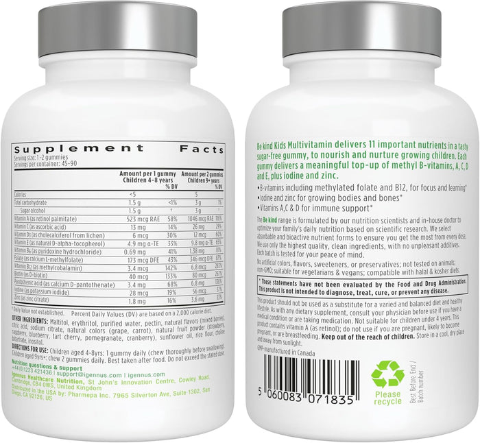 Igennus Methylated Kids Multivitamin Gummy, MTHFR, No Artificial Sweeteners or Flavors, Sugar Free, Age 4+, 90 Natural Berry Flavor Gummies from Fruit Powder, Non-GMO, Halal, Clean Label