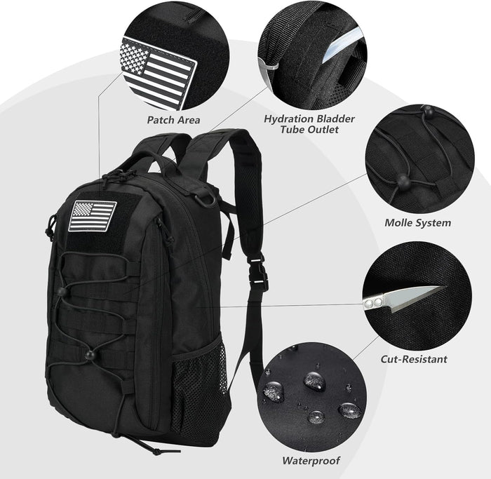 BAIXINGBAGS 20L Mini Small tactical backpack for men, MOLLE System Daypack black gym hunting backpack Comfortable for Hiking Camping