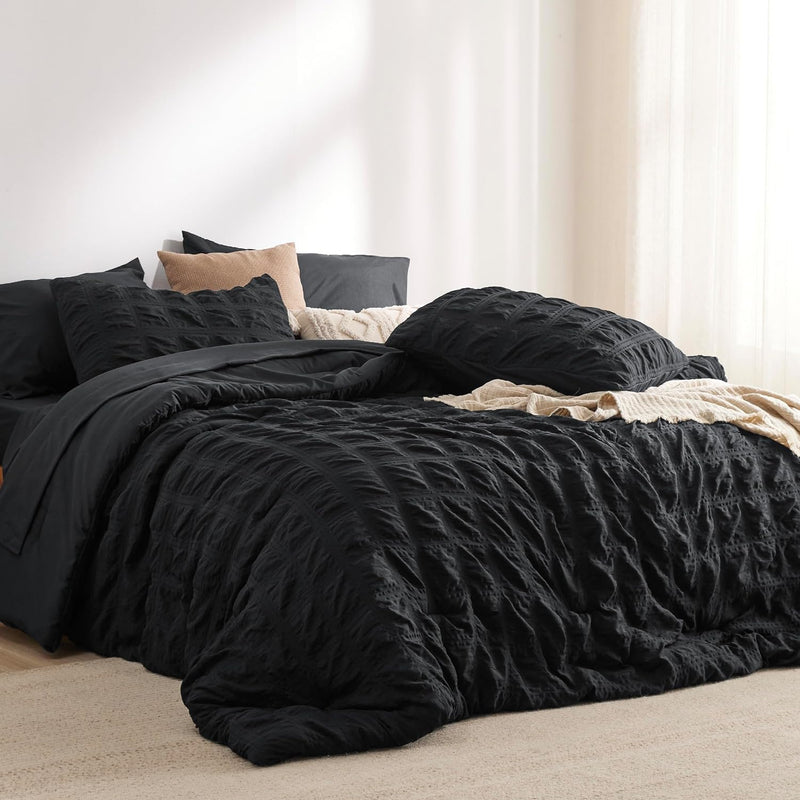 Bedsure Bed in a Bag Queen - 7 Pieces Plaid Seersucker Bedding Comforter Sets, Soft Lightweight Affogat Boho Bed Set with Comforters Queen Size, Sheets, Pillowcases & Shams