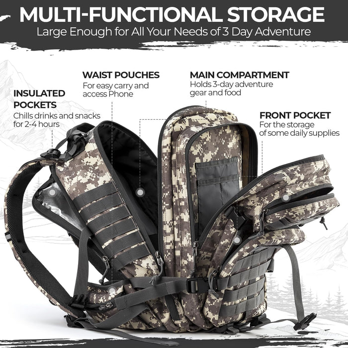 MIRACOL Tactical Survival Backpack Kit: 35L MOLLE Pack with 2.5L Hydration Bladder - Emergency Go Bag for Urban Disaster Volunteers - Reflective Rescue Gear for Evacuation & Field Missions