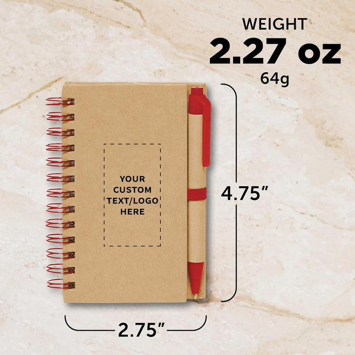Custom Mini Spiral Notebooks with Black Ink Pens Set of 100, Personalized Bulk Pack - Perfect for School, Office, Business, Home - Red