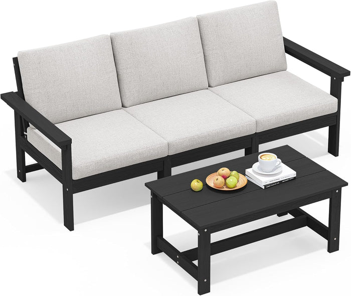 SERWALL HDPE Patio Furniture Set, 7-Piece Outdoor Sectional Sofa Set, All Weather Outdoor Couch Set for Deck, Lawn, Black Frame with Khaki Cushion