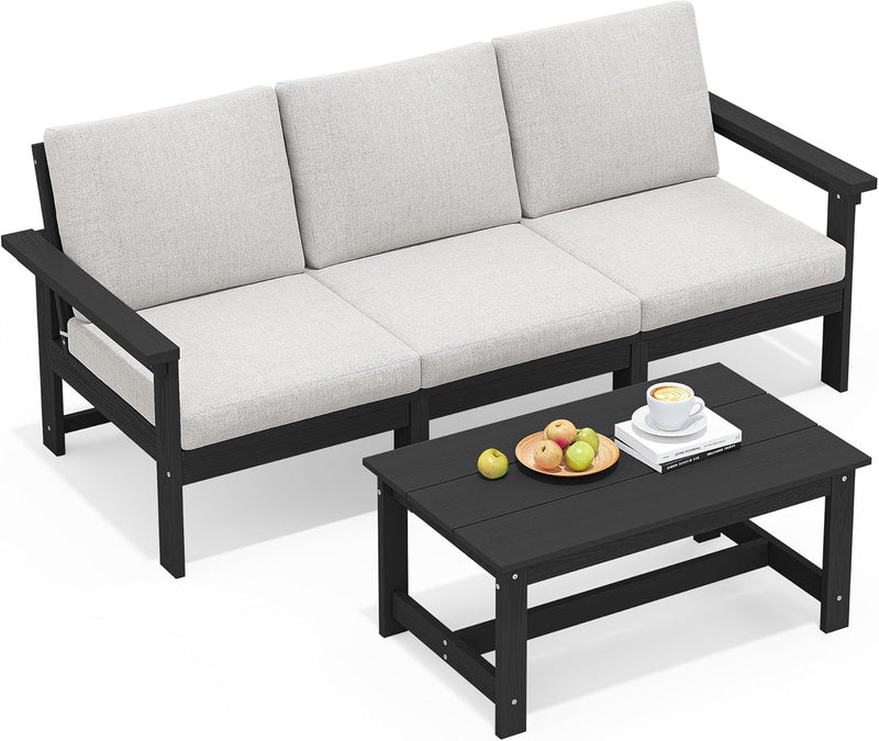 SERWALL HDPE Patio Furniture Set, 7-Piece Outdoor Sectional Sofa Set, All Weather Outdoor Couch Set for Deck, Lawn, Black Frame with Khaki Cushion