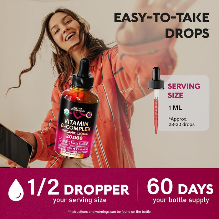 USDA Organic Vitamin B-Complex B5 Pantothenic Acid | B12 Methylcobalamin | B1 Thiamine | B6 Pyridoxine | B7 Biotin | B9 Folic | B3 Niacinamide - B Complex Liquid Drops, Made in USA Supplement, 2fl oz