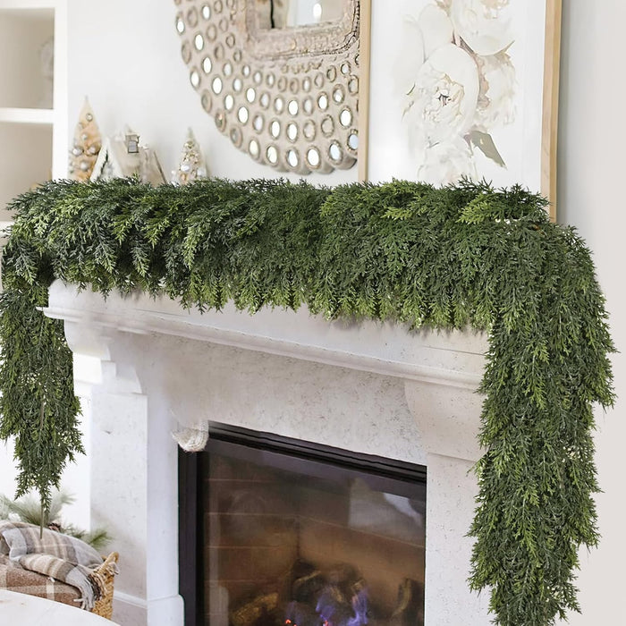 9FT Thick Christmas Garland with 240 Cedar Branches, Real Touch Green Cedar Garland for Christmas Decorations, Artificial Greenery Garland for Table, Mantle, Wall, Indoor, Outdoor Holiday Decor
