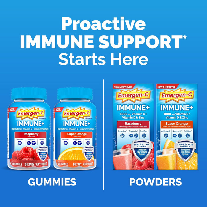 Emergen-C Immune+ Immune Gummies, Vitamin D plus 750 mg Vitamin C, Immune Support Dietary Supplement, Caffeine Free, Gluten Free, Super Orange Flavor - 45 Count