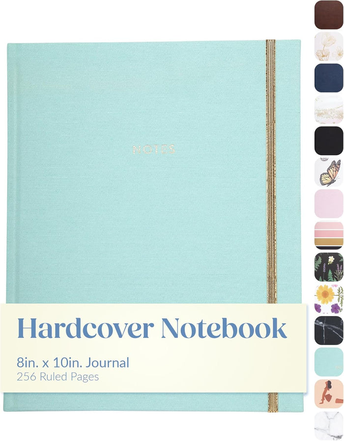 WORLD TRAVELER Large Lined Journal Notebook - Lay-Flat Hardcover Notebook with 2 Ribbon Bookmarks Hardbound Writing Journal 256 Ruled White & Ivory Pages 8x10 Inches, Wide Stripes, Ferns