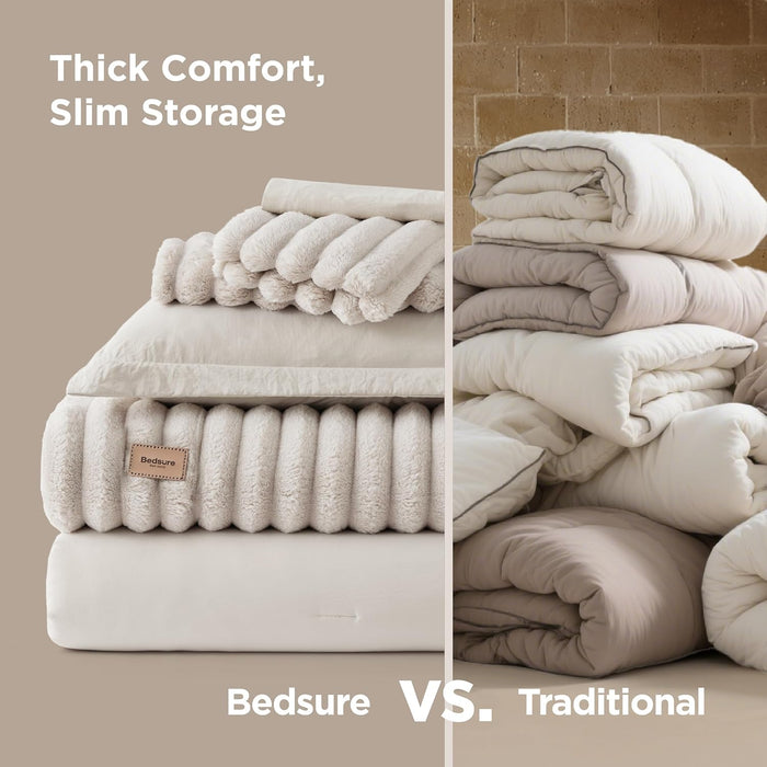 Bedsure Gentlesoft 2-in-1 Queen Comforter Set and Detachable Fluffy Blanket, Beige Bedding Set for All Season Use, SnapTech Design for Space Saving (Includes 2 Pillow Shams, 2 Pillowcases)