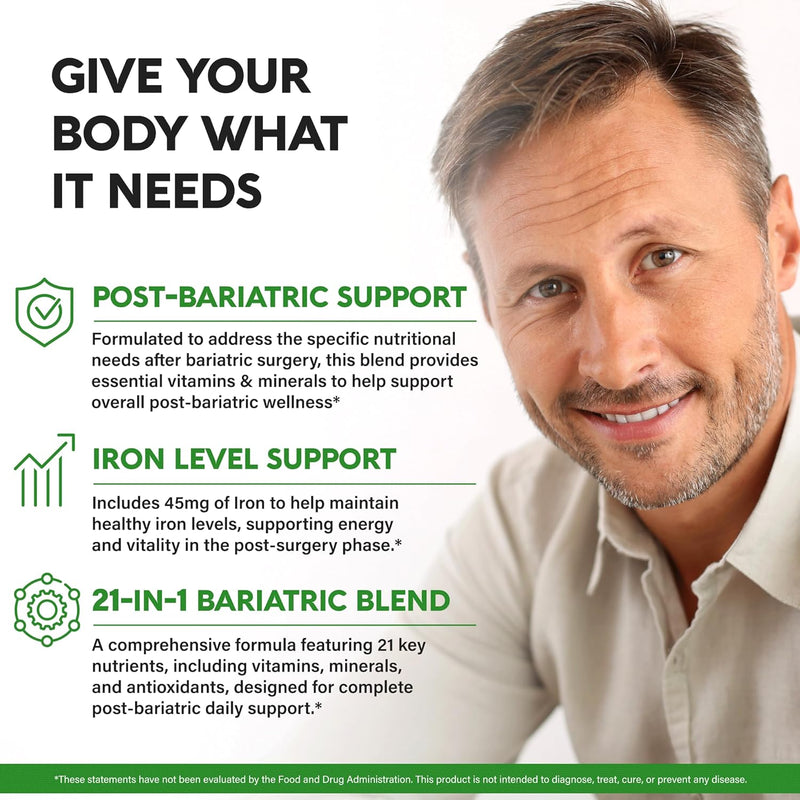 Bariatric Multivitamin - 45 mg Iron Supplements - Made in USA - for Women & Men - All-in-One, 21 Essential Vitamins - Gastric Sleeve Support - Free of Sugar, Gluten & Soy - 90 Capsules, Once Daily