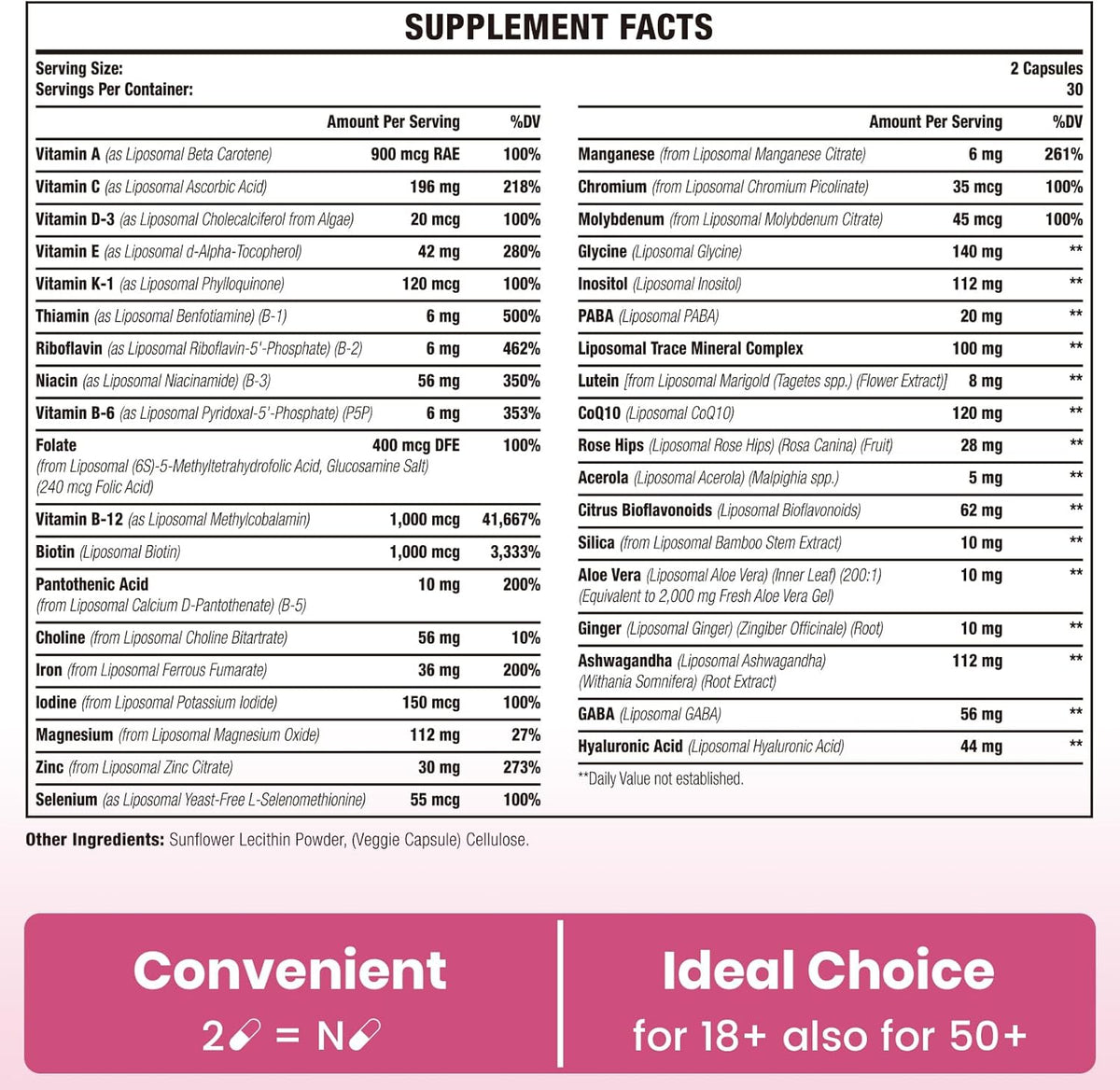 Liposomal Multivitamin for Women 1400MG - Womens Daily Multi Vitamins Supplements with Iron, Vitamin A, C, D, E and B Complex for Immune Health, Hair & Skin Support for Women 18+，60 Vegan Capsules