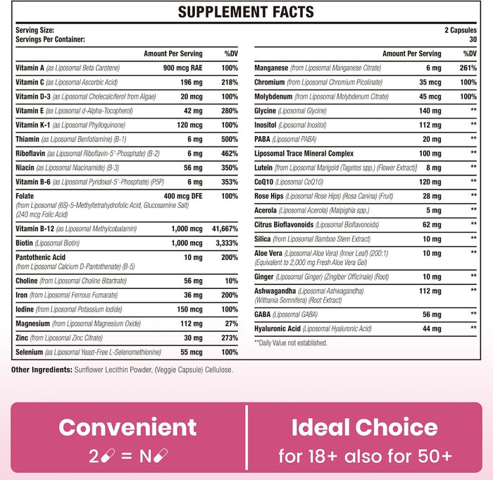 Liposomal Multivitamin for Women 1400MG - Womens Daily Multi Vitamins Supplements with Iron, Vitamin A, C, D, E and B Complex for Immune Health, Hair & Skin Support for Women 18+，60 Vegan Capsules