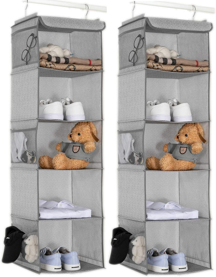 2 Pack Hanging Closet Organizer, 5 Shelves Hanging Storage with 6 Side Pockets for Clothes Shoes, 43"x12"x12"(Black)