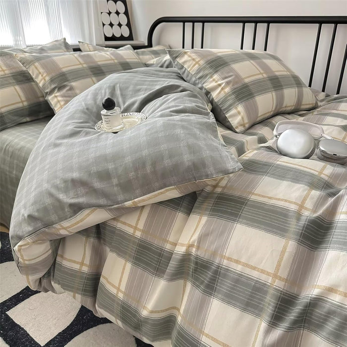 MKXI Plaid Comforter Set Queen Size, Geometric Checkered 3 Pieces Bedding Set Men Boys, Modern Style Comforter with 2 Pillow Shams All Season Soft Fluffy Bedding Set-(Tan,Dark Blue Grey,Khaki)
