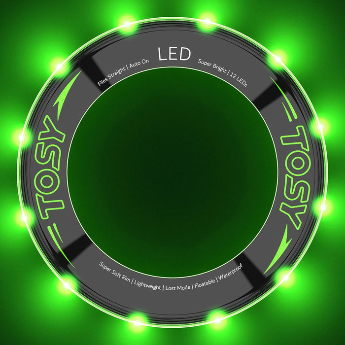 TOSY Flying Ring - 12 Monocolor LEDs, Super Bright, Lost Mode, Auto Light Up, Christmas Stocking Stuffers Gift for Kid/Teen/Boy/Girl, Safe, Waterproof, Pool/Beach/Camping Toy (Green)