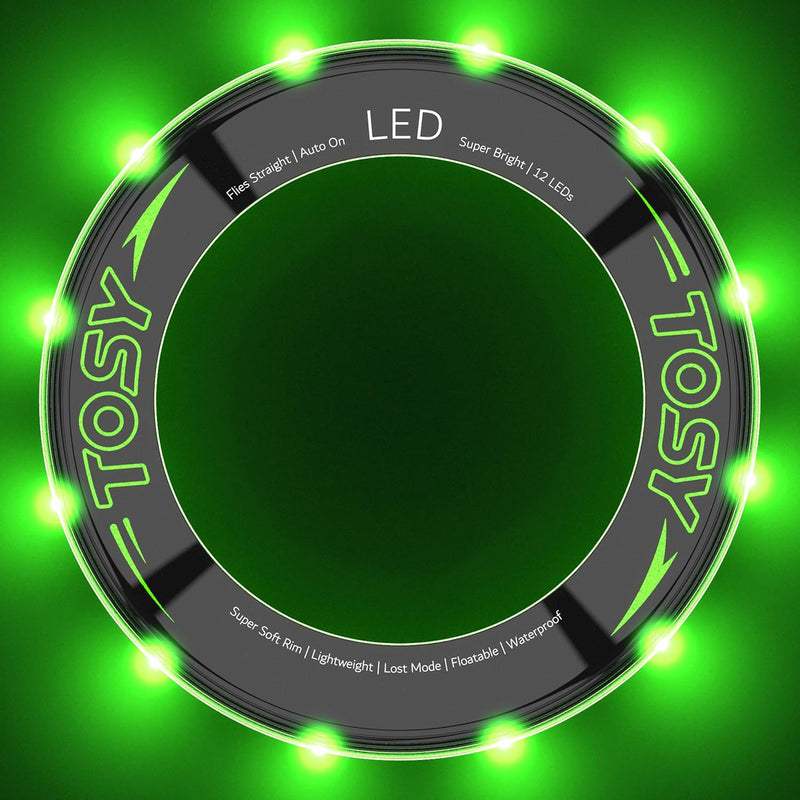 TOSY Flying Ring - 12 Monocolor LEDs, Super Bright, Lost Mode, Auto Light Up, Christmas Stocking Stuffers Gift for Kid/Teen/Boy/Girl, Safe, Waterproof, Pool/Beach/Camping Toy (Green)