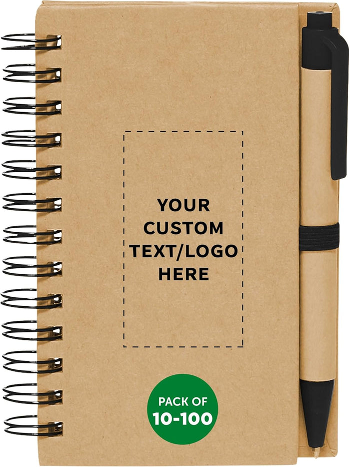 Custom Mini Spiral Notebooks with Black Ink Pens Set of 100, Personalized Bulk Pack - Perfect for School, Office, Business, Home - Black