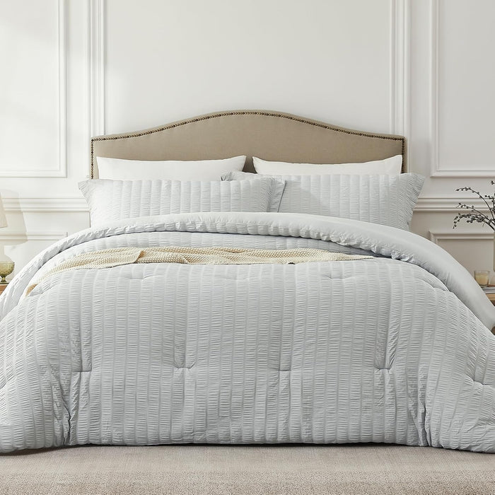 White Queen Comforter Set - 3 Pieces Seersucker Lightweight Bedding Comforter Sets (1 Soft Fluffy Comforter & 2 Pillowcases) - All Seasons Cozy Modern Bed Sets