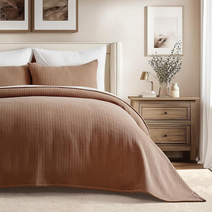 EVERGRACEHOME Cotton Gauze Full Queen Bedspread, Ultra Soft Prewashed Pick Stitch Matelassé Coverlet, Lightweight Oversized Queen Quilt Bedding Set for All Season, w/ 2 Shams, Terracotta Clay