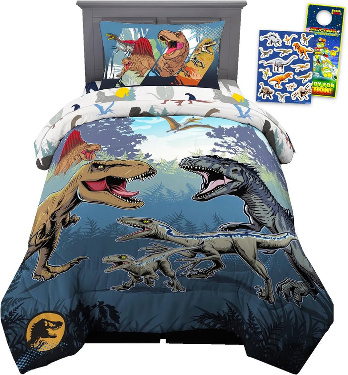 Jurassic World Bedding Set - Bundle with Dinosaur Bedspread for Twin Bed Plus Pillowcase, Stickers, More | Jurassic World Dinosaur Bedroom Decor for Boys